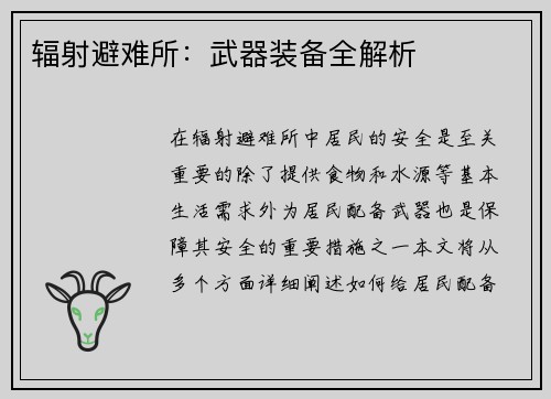 辐射避难所：武器装备全解析