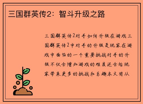 三国群英传2：智斗升级之路